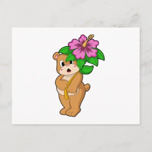 Carte Postale Ours avec fleur d'hibiscus