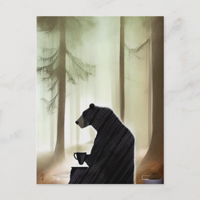 Carte Postale Ours Boire du café dans les bois (Devant)