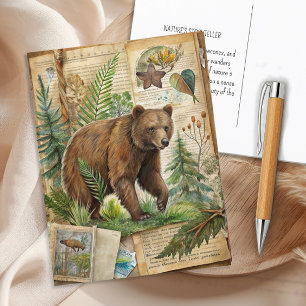 Carte Postale Ours Botanique Vintage Antique Bois Nature