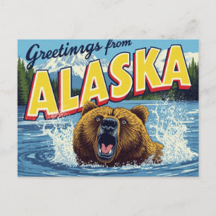 Carte Postale Ours Brun Grizzli d'Alaska Rugissant Art