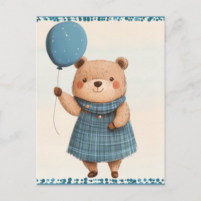 Carte Postale Ours de fille avec robe bleue plaid et ballon (Devant)