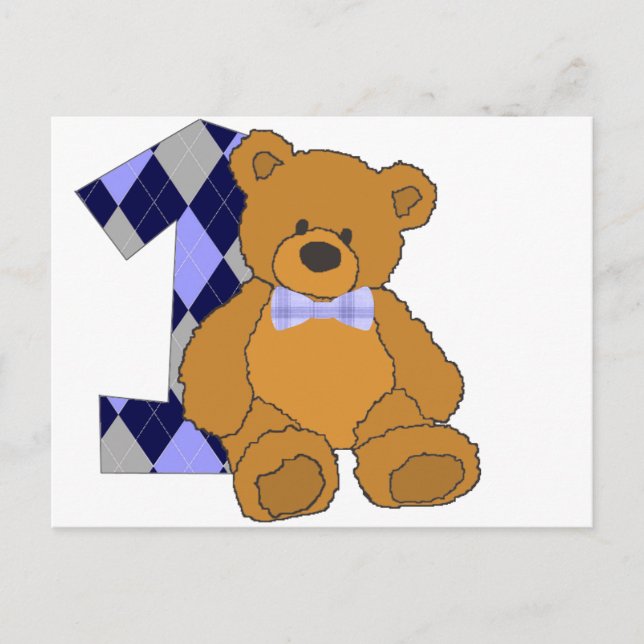 Carte Postale Ours de nounours de cravate d'arc avec le numéro 1 (Devant)