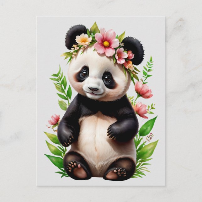 Carte Postale Ours De Panda Transparent Avec Fleurs (Devant)