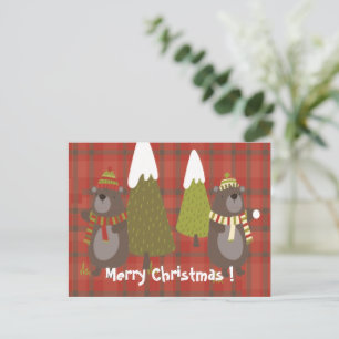 Carte Postale Ours d'hiver Blanc Noël Rouge Buffle Plaid