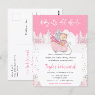 Carte Postale Ours d'hiver Rose Traîneau Baby Shower