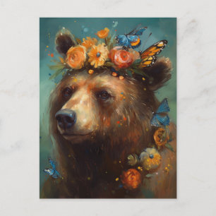 Carte Postale Ours en fleurs et papillons