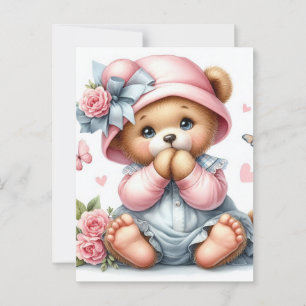 Carte Postale Ours en peluche adorable avec casquette rose et ar