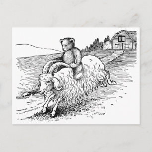 Carte Postale Ours en peluche chevauchant une chèvre