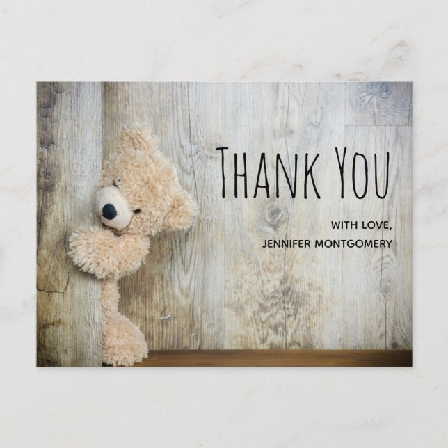 Carte Postale Ours en peluche mignon Fond en bois rustique Merci (Devant)