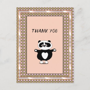 Carte Postale Ours en peluche panda remerciant cadre rose doré f