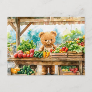 Carte Postale Ours en peluche vendant des fruits au marché des a