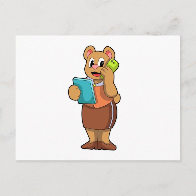 Carte Postale Ours en tant que secrétaire à l'appel avec télépho (Devant)