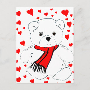 Carte Postale Ours et coeurs en peluche blanc