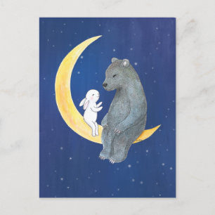 Carte Postale Ours et lapin sur la lune doux ours et lapin