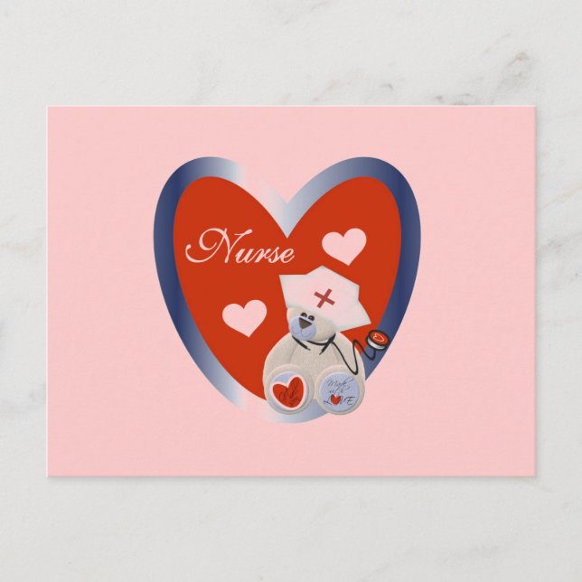 Carte Postale Ours-infirmière avec T-shirts et cadeaux de coeur (Devant)