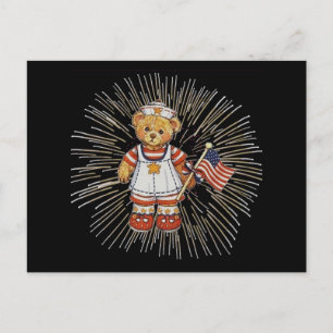 Carte Postale Ours infirmière vintage avec feux d'artifice blanc
