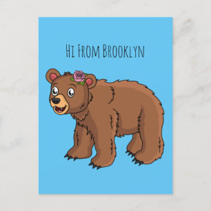 Carte Postale Ours mignon avec dessin animé sur les fleurs