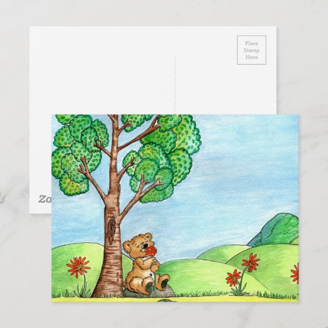 Carte postale Ours mignon avec fleurs (Devant / Derrière)