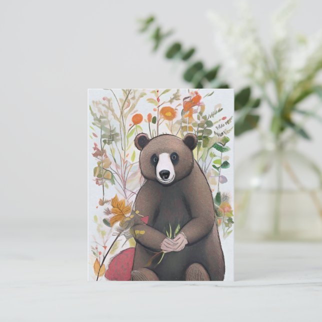 Carte Postale Ours mignon de la forêt avec fleurs printanières A (Debout devant)