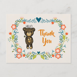 Carte Postale Ours mignon, Fleur Jaune et Merci de couronne fleu