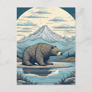 Carte Postale Ours, Montagnes, Lac, Pleine Lune Ai Art