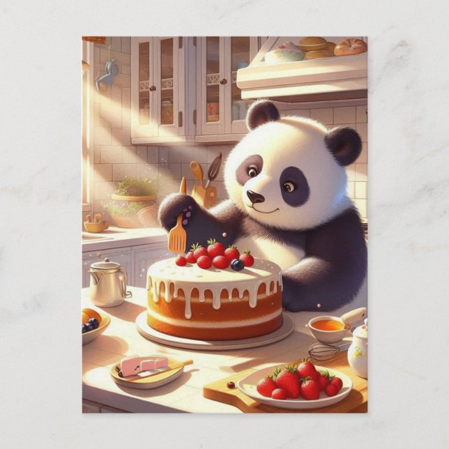 Carte Postale Ours Panda Adorable Faisant un Gâteau (Devant)
