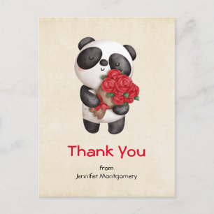 Carte Postale Ours panda mignon avec bouquet de roses Merci