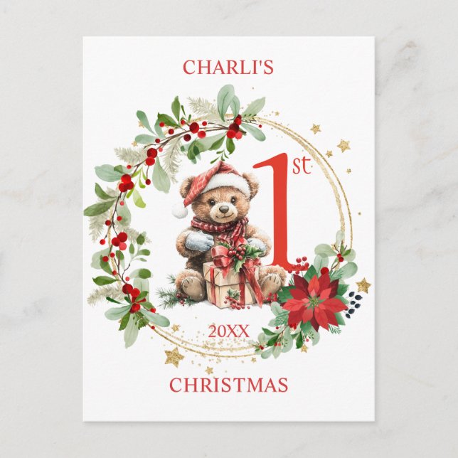 Carte Postale Ours Poinsettia Foliage Baby's First Christmas (Devant)
