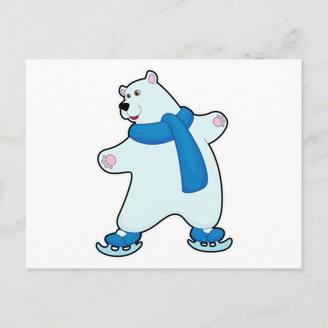 Carte Postale Ours polaire au patinage sur glace avec Ecarf (Devant)