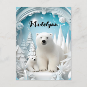 Carte Postale Ours polaire avec petit Océan Arctique Hiver blanc