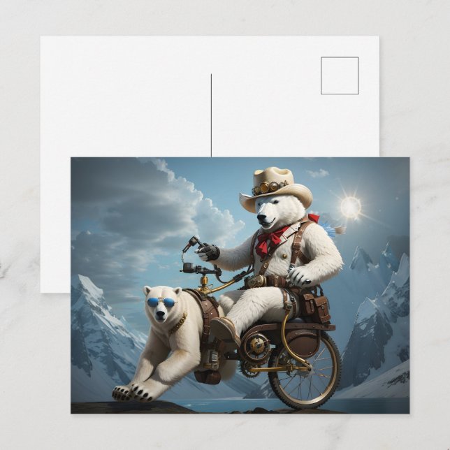 Carte Postale Ours polaire chevauchant une partie de vélo animal (Devant / Derrière)