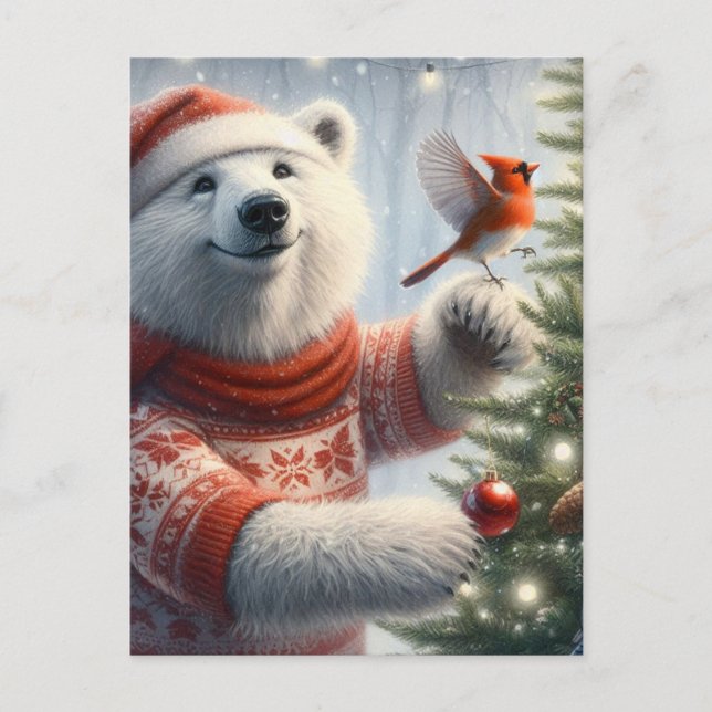 Carte Postale Ours polaire de Noël adorable et le cardinal (Devant)
