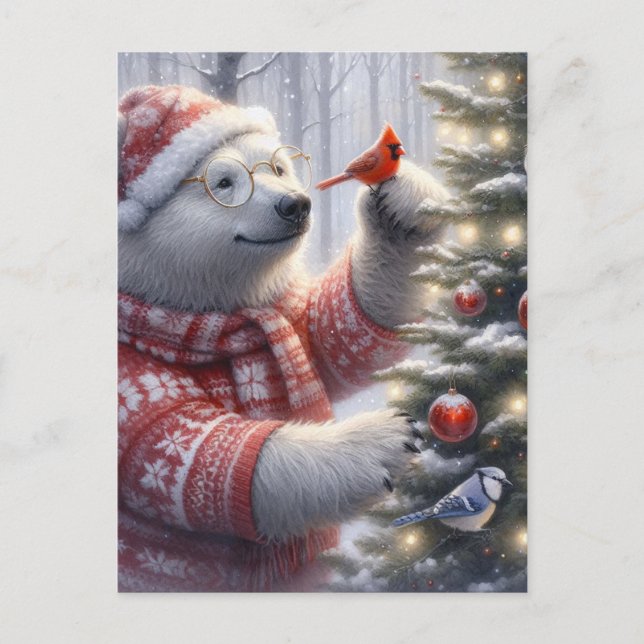 Carte Postale Ours polaire de Noël et les oiseaux (Devant)