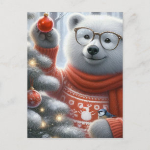 Carte Postale Ours polaire de Noël et petit oiseau