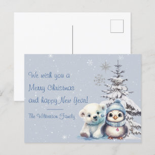 Carte Postale Ours polaire mignon et pingouin Noël au Pôle Nord