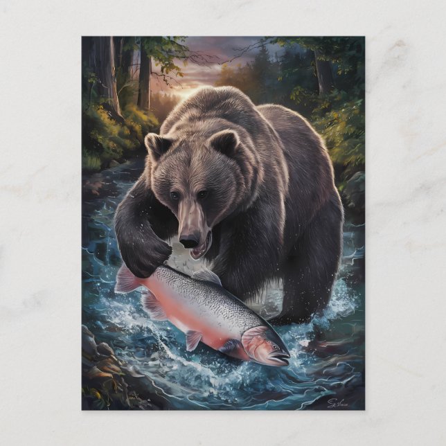 Carte Postale Ours tenant un poisson chatoyant (Devant)