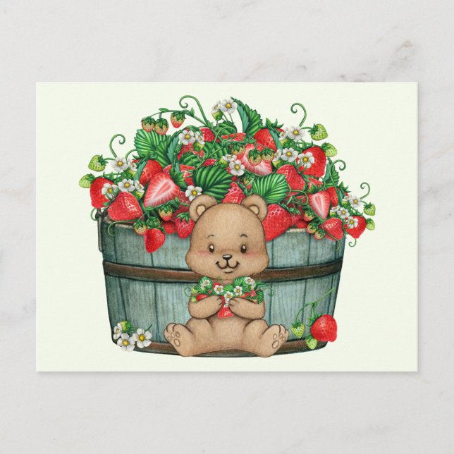 Carte Postale Ourson mignon et panier de fraises rustique  (Devant)