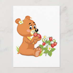 Carte Postale ourson mignon mangeant des fraises