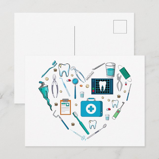 Carte Postale Outil de dentiste dentaire drôle en forme de cœur (Devant / Derrière)
