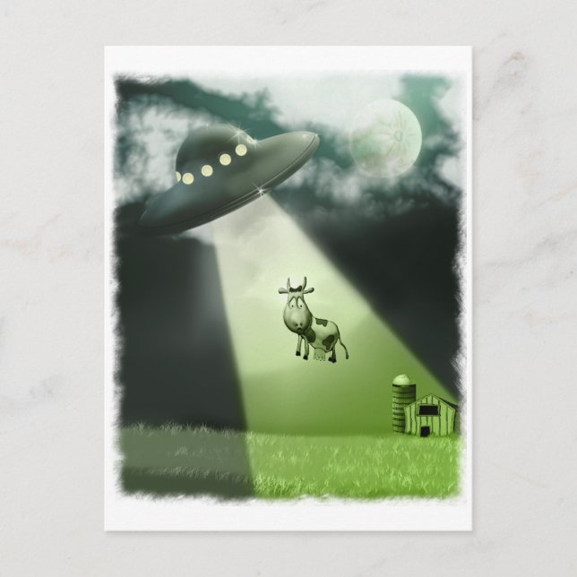 Carte postale OVNI comique pour enlèvement de vach (Devant)
