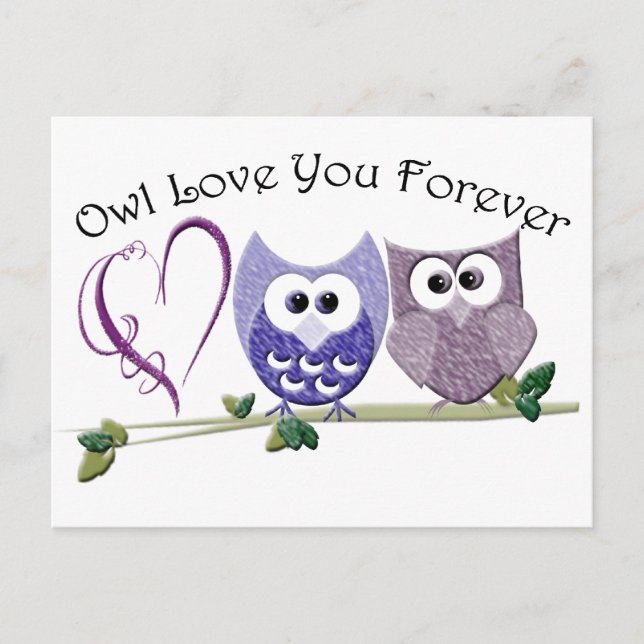 Carte Postale Owl Love You Forever, Cute Owls et Heart design (Devant)