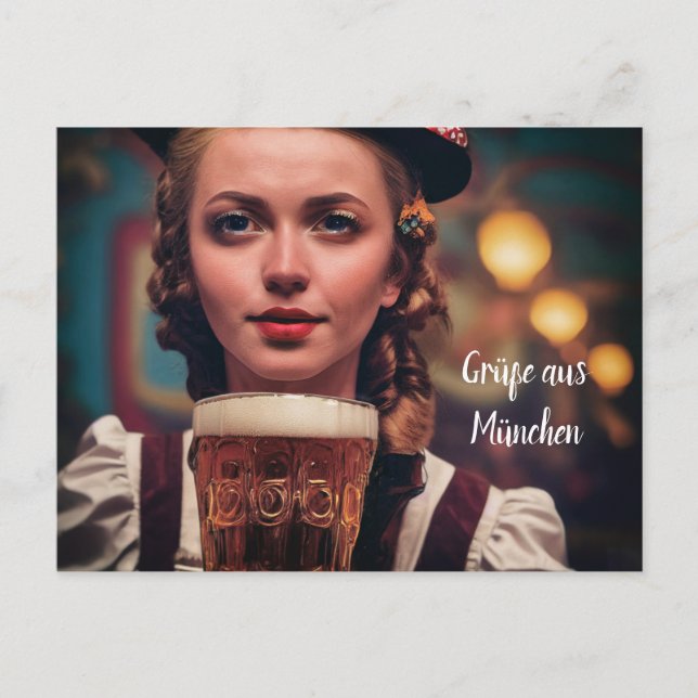Carte Postale O'Zapft est! Femme en dirndl avec de la bière. Mün (Devant)