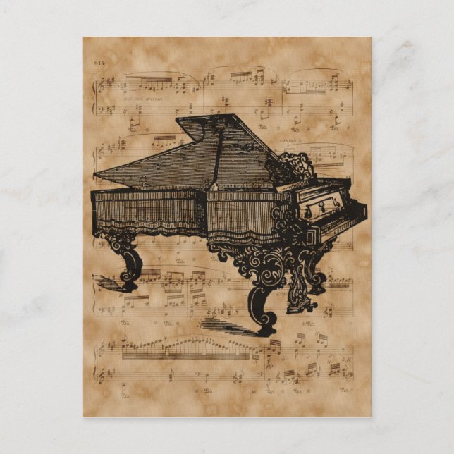 Carte Postale Page Antique Grand Piano sur la feuille de musique (Devant)
