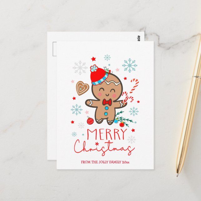 Carte Postale Pain d'épices Homme Cookie Snowflakes Joyeux Noël (Devant/Arrière en situation)