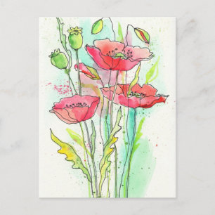 Carte Postale Painted watercolor poppies