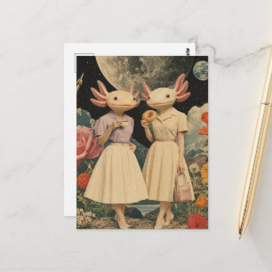 Carte Postale Paire d'axolotl surréaliste petit-déjeuner collage