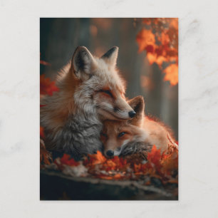 Carte Postale Paire de renards roux attendrissante dans les feui