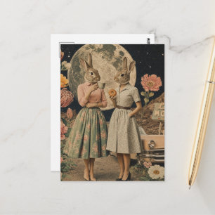 Carte Postale Paire surréaliste de dames lapins collage de petit
