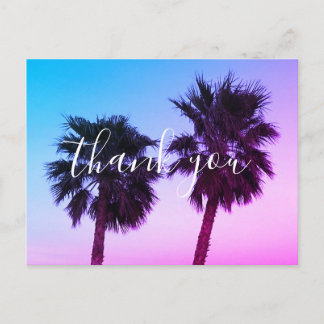 Carte Postale Palmiers bleu rose Ombre couché de soleil Merci