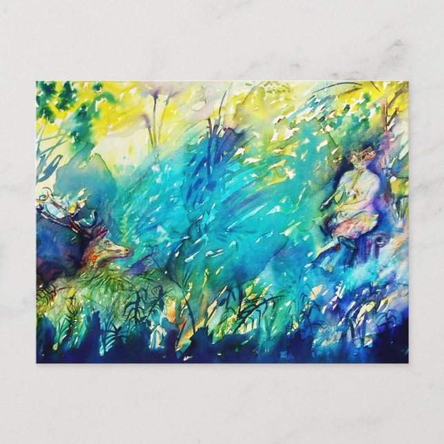CARTE POSTALE PAN JOUANT DE LA FLÛTE ET CERF DANS UN BOIS VERT (Devant)